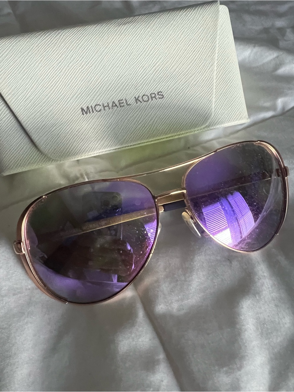 Michael Kors Rose Gold Aviator Sunglasses with Purple Lenses